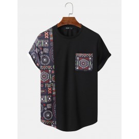 Mens Vintage Geometric Print Patchwork Curved Hem Short Sleeve T-Shirts