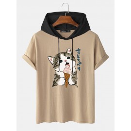 Mens Cute Cat Japanese Print Short Sleeve Drawstring Hooded T-Shirts