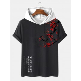 Mens Plum Bossom Character Print Contrast Short Sleeve Hooded T-Shirts