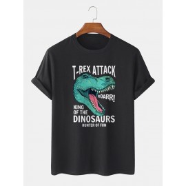 Mens Cartoon Dinosaur Letter Print O-Neck 100% Cotton Short Sleeve T-Shirts