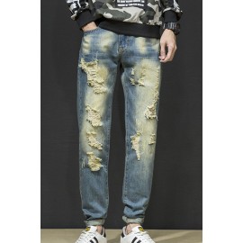 Distressed Wash Buttoned Straight Leg Men's Jeans