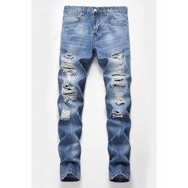 Blue Wash Distressed Slim-fit Men's Jeans