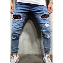 Men's Embroidered Ripped Jeans