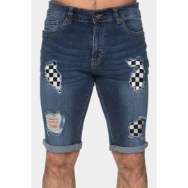 Blue Plaid Pattern Splicing Skinny Distressed Men's Denim Shorts