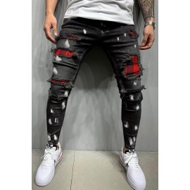 Black Plaid Patchwork Distressed Slim-fit Men's Jeans