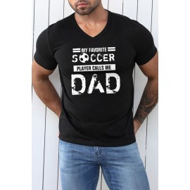 Black SOCCER DAD Letter Graphic Print V Neck T Shirt
