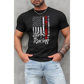 Black Racing Dirt Track Flag Graphic Print Slim Fit Men's T Shirt