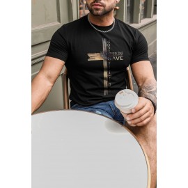 Black Letter Cross Graphic Print Muscle Fit Men's T Shirt