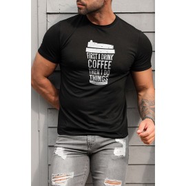 Black Men's Letter Coffee Cup Print Slim-fit Crewneck T Shirt