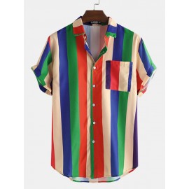 Mens Cool Rainbow Striped Patch Pocket Short Sleeve Shirts