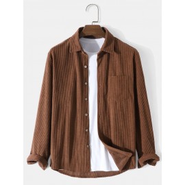 Mens Corduroy Solid Color Button Casual Long Sleeve Shirts With Pocket