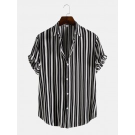 Mens Black Stripe Print Button Up Short Sleeve Lapel Casual Shirt