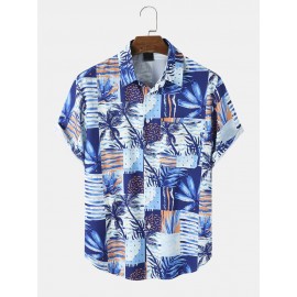 Mens Tropical Plant Graphics Holiday Short Sleeve Shirts With Pocket