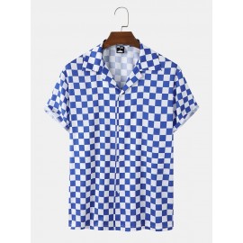 Mens Checkered Plaid Revere Collar Street Short Sleeve Shirts