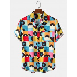 Mens Colorful Grid Geometric Pattern Short Sleeve Shirt With Pocket