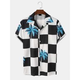 Mens Palm Tree Checkered Print Revere Holiday Short Sleeve Shirts