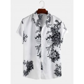 Mens Chinese Style Porcelain Floral Printed Short Sleeve Turn Down Collar Casual Shirt